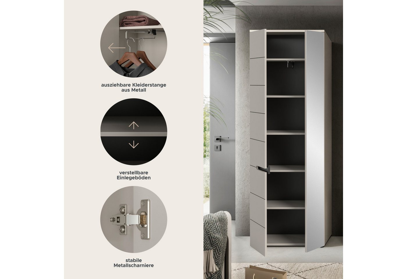 Home affaire Garderobenschrank REHAT, TOPSELLER!, Höhe 190cm, 2 Türen, 6 Fächer, 1 Kleiderstange (1-St., in verschiedenen Farben erhältlich) Garderobe, Flurschr – Bild 4 von 5