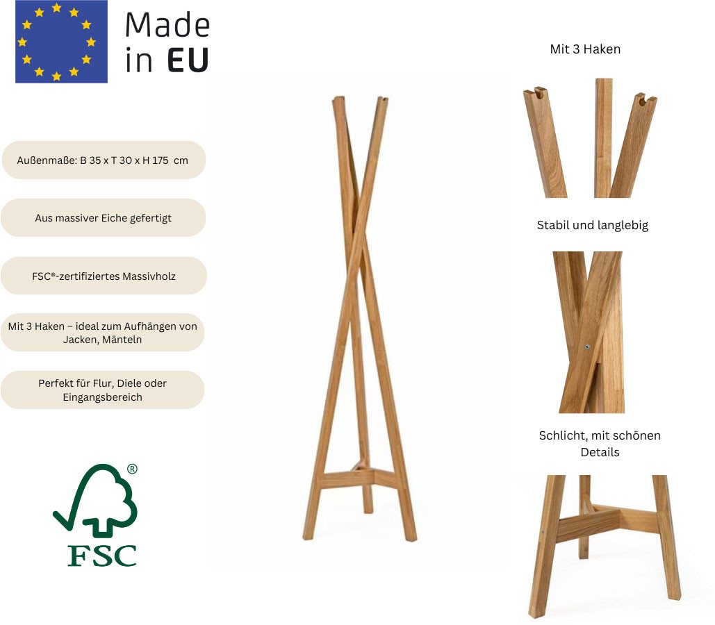 Home affaire Garderobenständer Clift, Kleiderständer, Dielenmöbel, (Made in Europe), im skandinavian Design, aus Eiche massiver Eiche, FSC® – Bild 3 von 5