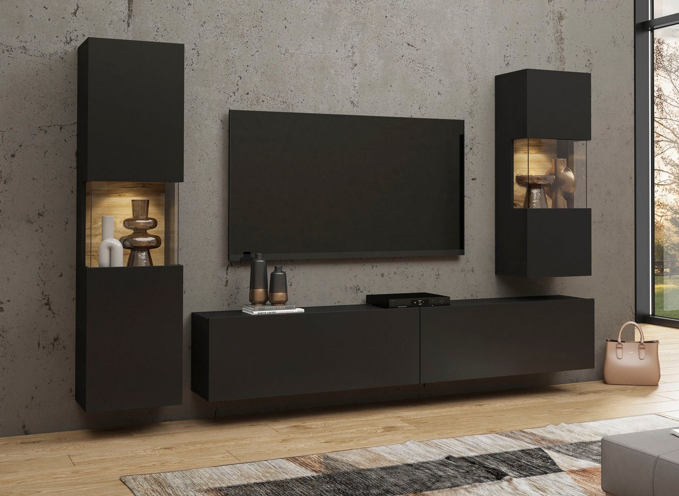 Home affaire Hängevitrine Ava, Breite 36 cm, hängend montierbar moderne grifflose Vitrine, Eckverglasung – Bild 5 von 5