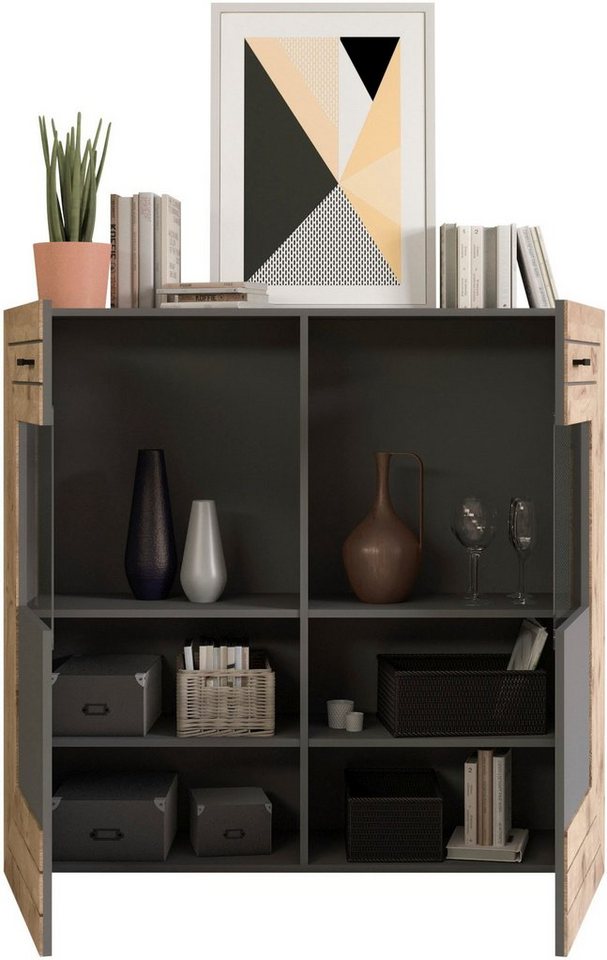 Home affaire Highboard Aalborg, Höhe 117cm, 2 Glastüren, 6 Fächer, 2-farbig, Metallgriffe, Anrichte, Schrank, Kommode, Midischrank, Wohnmöbel, Wohnzimmer – Bild 4 von 5