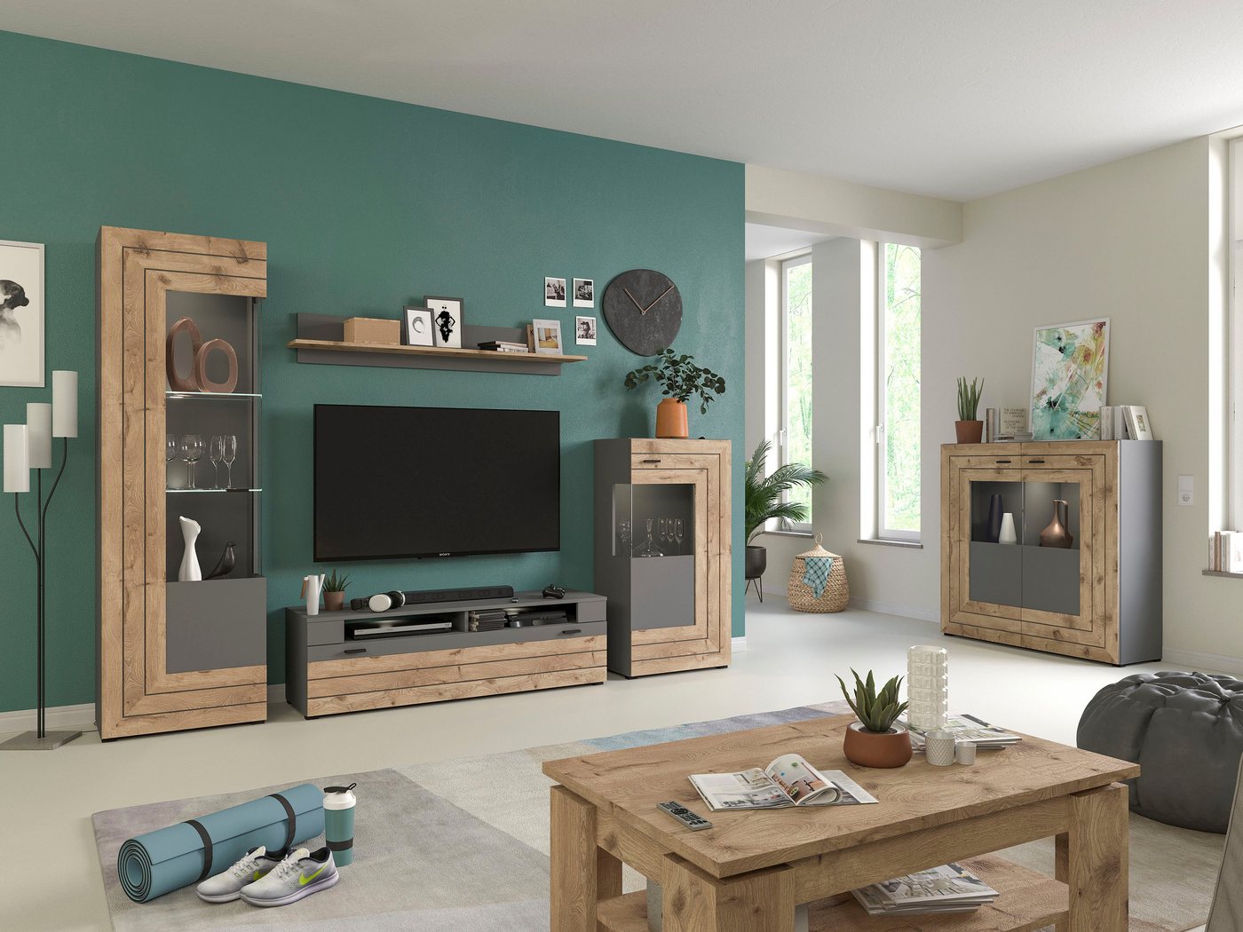 Home affaire Highboard Aalborg, Höhe 117cm, 2 Glastüren, 6 Fächer, 2-farbig, Metallgriffe, Anrichte, Schrank, Kommode, Midischrank, Wohnmöbel, Wohnzimmer – Bild 5 von 5