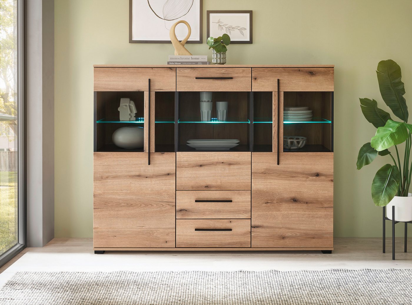 Home affaire Highboard Cantara, moderner Schrank, Vitrine in Eiche Dekor, Weiß oder Kaschmir, schwarze Stangengriffe, ausreichend Stauraum, vielseitig einsetzba – Bild 3 von 5