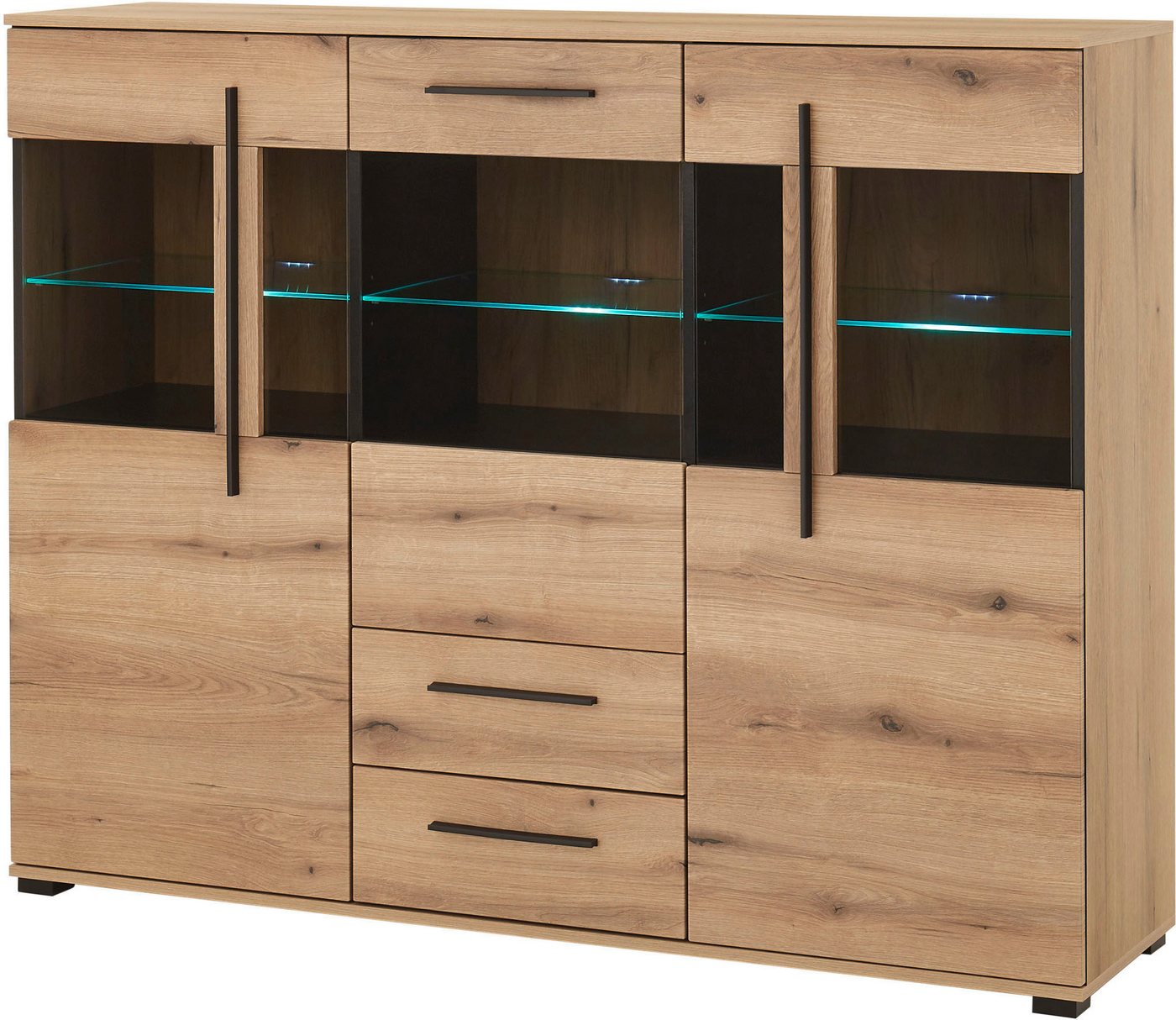 Home affaire Highboard Cantara, moderner Schrank, Vitrine in Eiche Dekor, Weiß oder Kaschmir, schwarze Stangengriffe, ausreichend Stauraum, vielseitig einsetzba – Bild 4 von 5