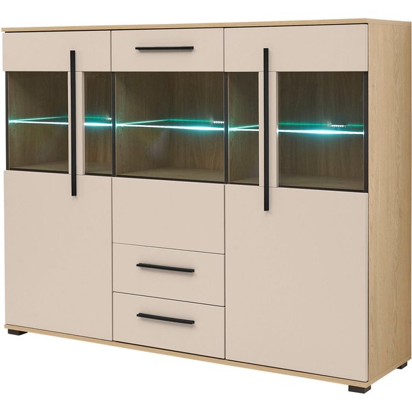 Home affaire Highboard Cantara, moderner Schrank, Vitrine in Eiche Dekor, Weiß oder Kaschmir, schwarze Stangengriffe, ausreichend Stauraum, vielseitig einsetzba