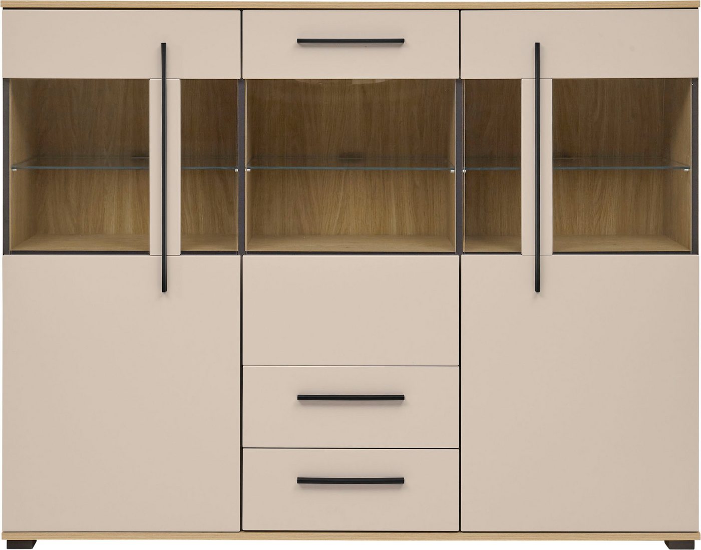 Home affaire Highboard Cantara, moderner Schrank, Vitrine in Eiche Dekor, Weiß oder Kaschmir, schwarze Stangengriffe, ausreichend Stauraum, vielseitig einsetzba – Bild 3 von 5
