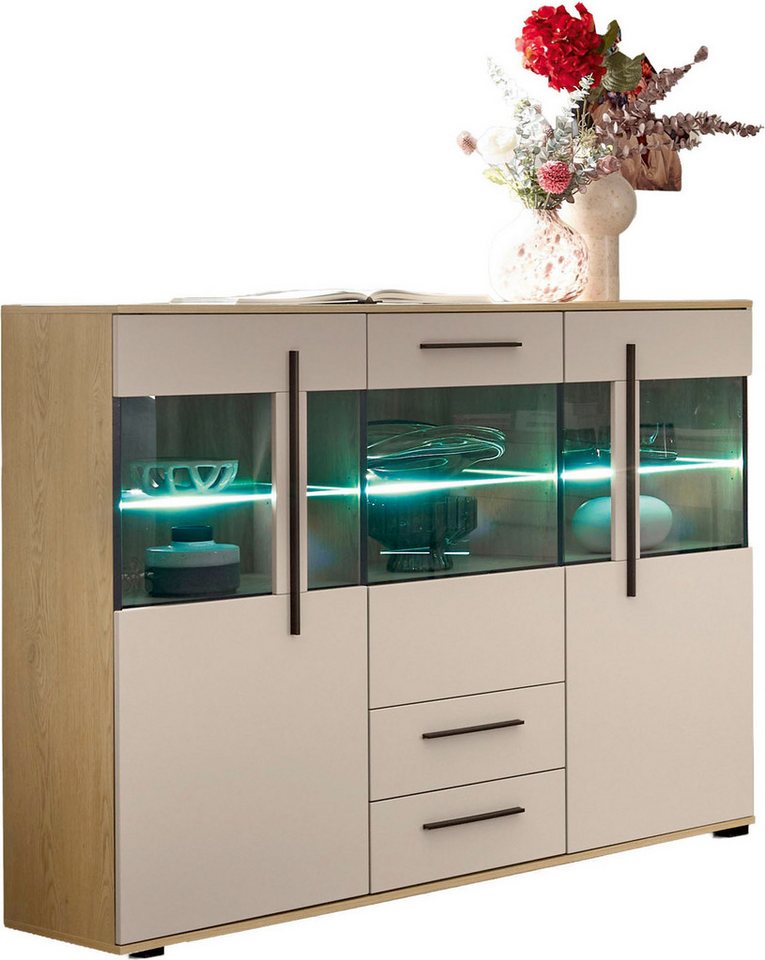 Home affaire Highboard Cantara, moderner Schrank, Vitrine in Eiche Dekor, Weiß oder Kaschmir, schwarze Stangengriffe, ausreichend Stauraum, vielseitig einsetzba – Bild 4 von 5