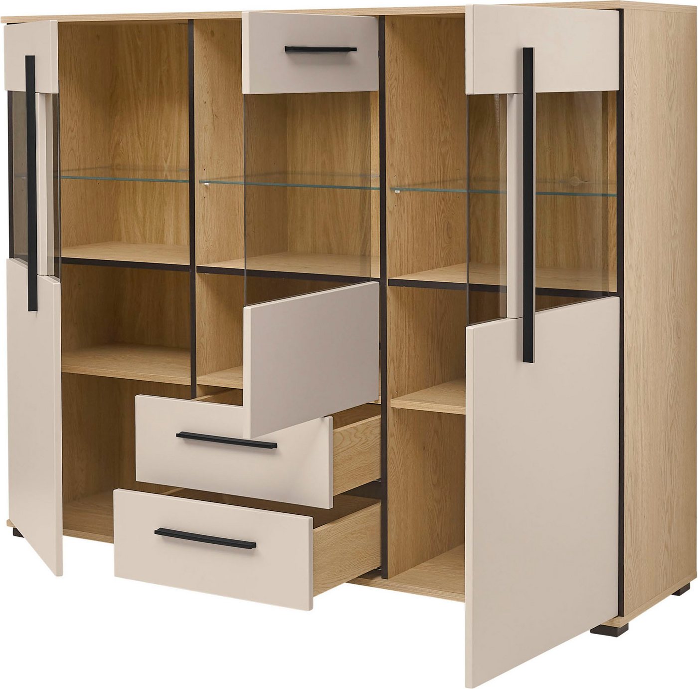 Home affaire Highboard Cantara, moderner Schrank, Vitrine in Eiche Dekor, Weiß oder Kaschmir, schwarze Stangengriffe, ausreichend Stauraum, vielseitig einsetzba – Bild 5 von 5