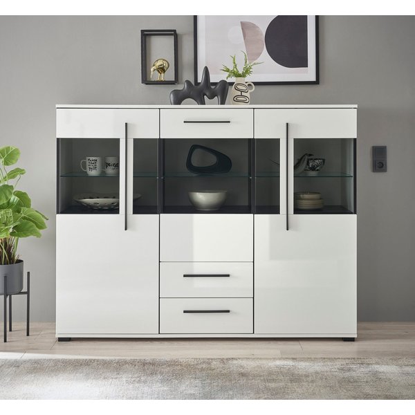 Home affaire Highboard Cantara, moderner Schrank, Vitrine in Eiche Dekor, Weiß oder Kaschmir, schwarze Stangengriffe, ausreichend Stauraum, vielseitig einsetzba