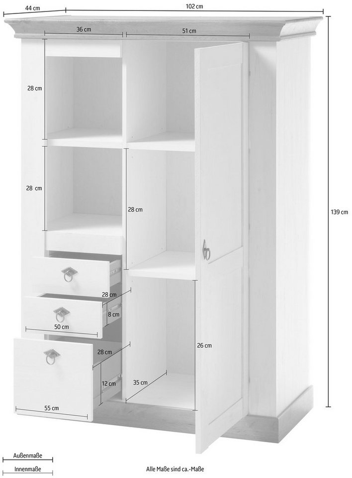 Home affaire Highboard Cremona, Schrank im Landhausstil, Wohnzimmerschrank, Mehrzweckschrank, Metallgriffe, ausreichend Stauraum, vielseitig einsetzbar, 139 cm  – Bild 5 von 5