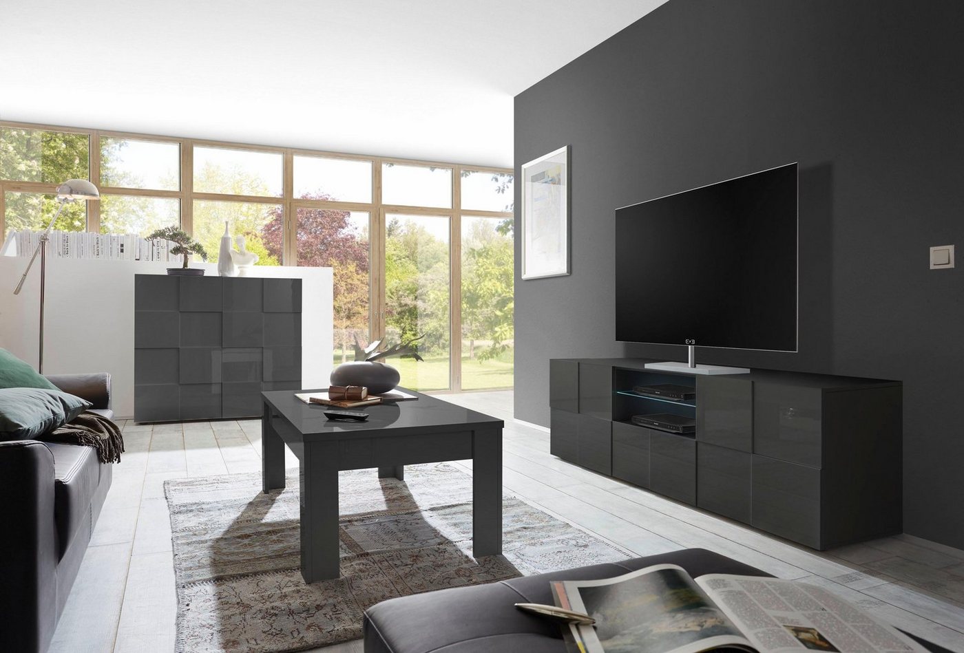 Home affaire Highboard Dama Höhe 111 cm, Breite 121 cm, Kommode 2 Türen, Hochkommode, Front in 3D-Optik, viel Stauraum, verschiedene Farben – Bild 4 von 5