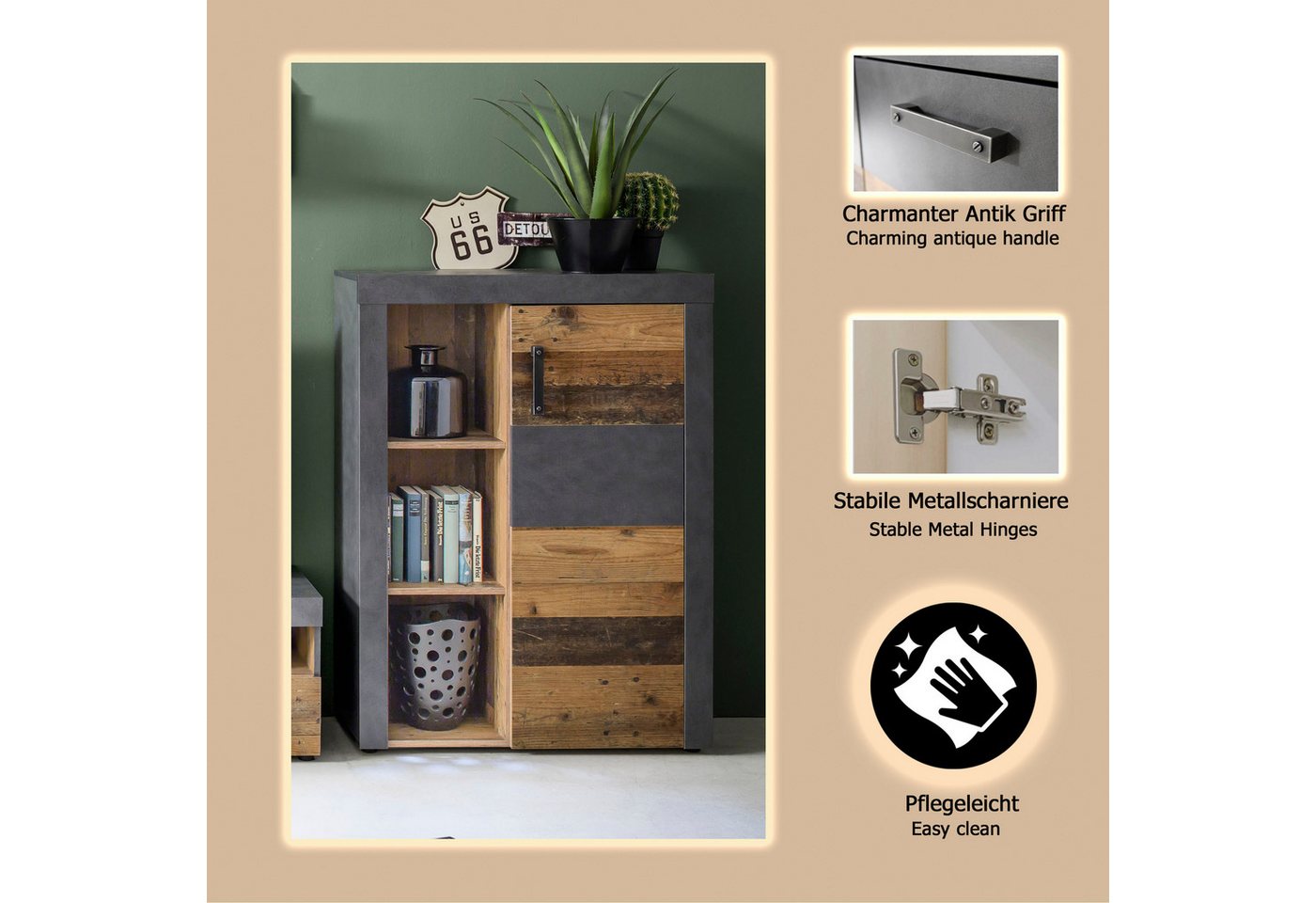 Home affaire Highboard Ilana, Stauraumschrank mit 1 Tür & 3 Fächern - (B/T/H) 87/34/118 cm – Bild 3 von 5