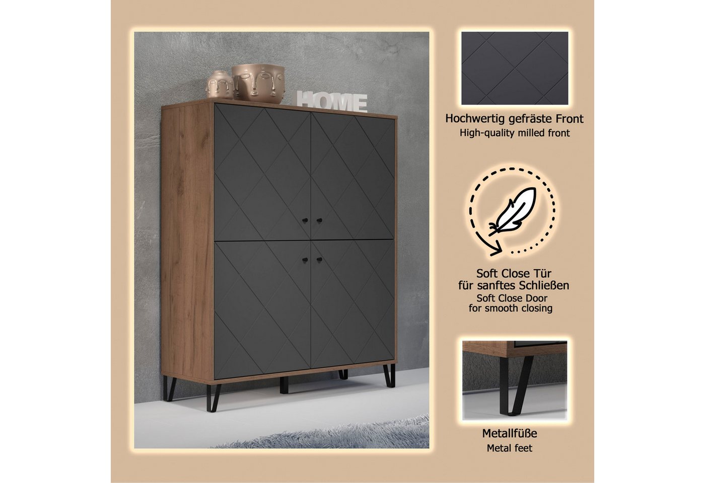 Home affaire Highboard Molveno (1 St), Highboard mit 4 Türen & Soft-Close - (B/T/H) 123/40/136 cm – Bild 3 von 5