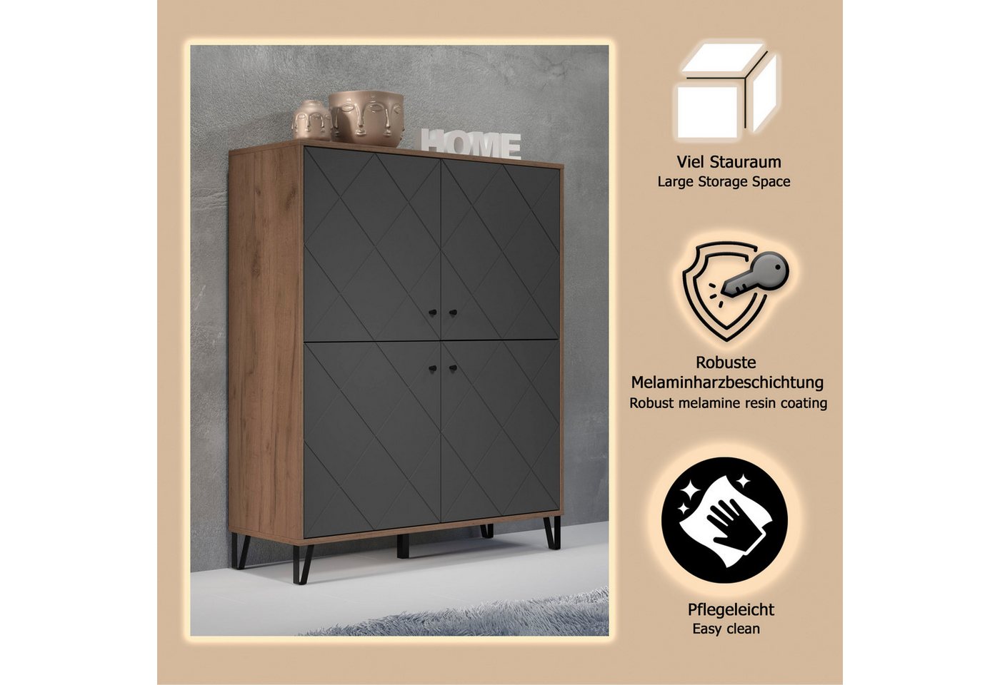 Home affaire Highboard Molveno (1 St), Highboard mit 4 Türen & Soft-Close - (B/T/H) 123/40/136 cm – Bild 4 von 5