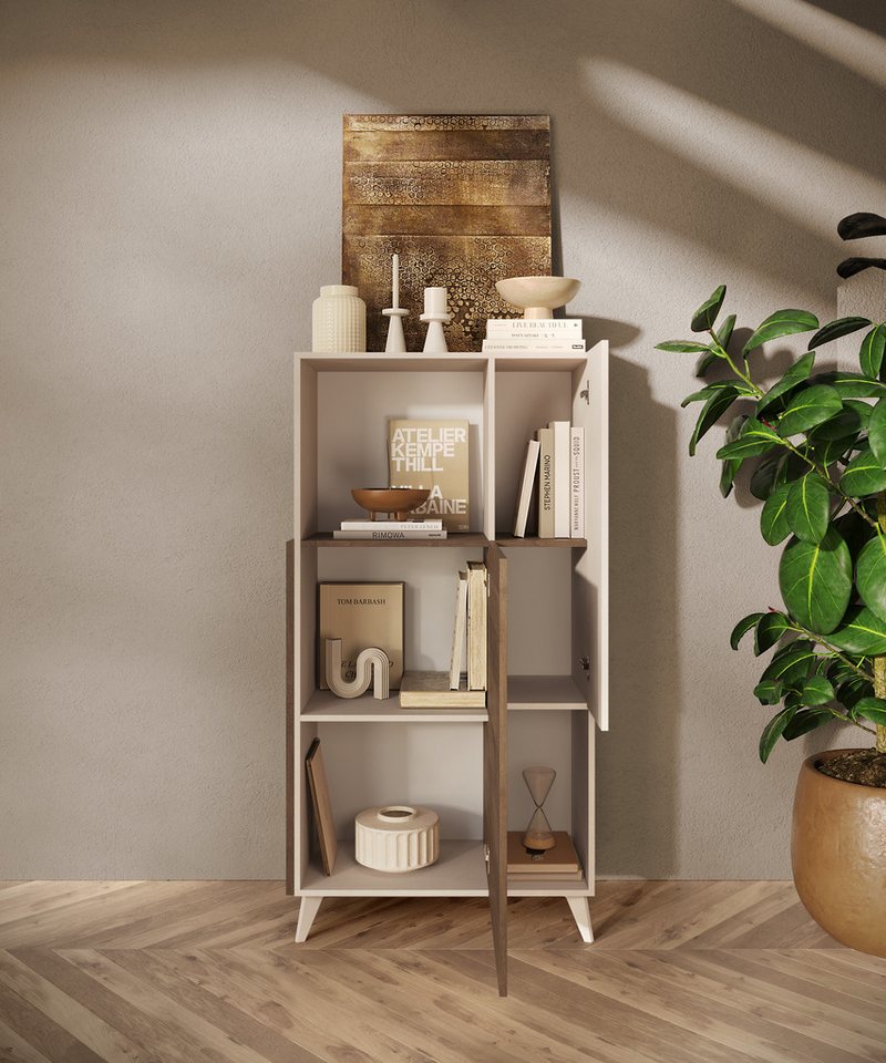Home affaire Highboard Monaco Höhe 154 cm, Stauraumschrank mit 2 Türen (4 Fächer) und 2 offen, Hohe, schmale Kommode – sanftes Schließen, edles Design, viel Pla – Bild 4 von 5