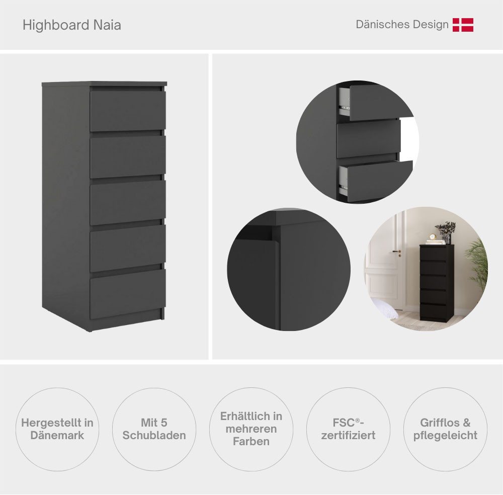 Home affaire Highboard Naia, Hochkommode, 5 Schubladen, Aufbewahrung, grifflose Front, Modern, skandinavisches Design, Schmal, in mehrere Farben – Bild 3 von 5