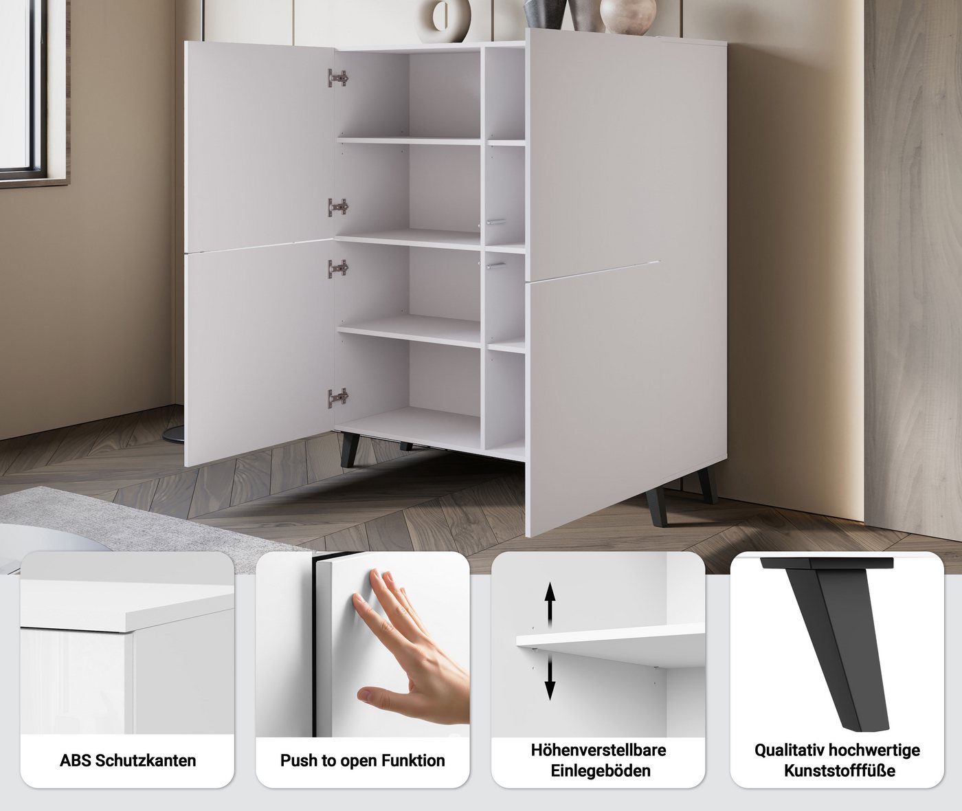 Home affaire Highboard HIGHBOARD PHUKET II, Stilvolle, grifflose Hochkommode, Breite 120cm, Mit 4 Türen und 8 Fächern und höhenverstellbaren Einlegeböden – Bild 3 von 5