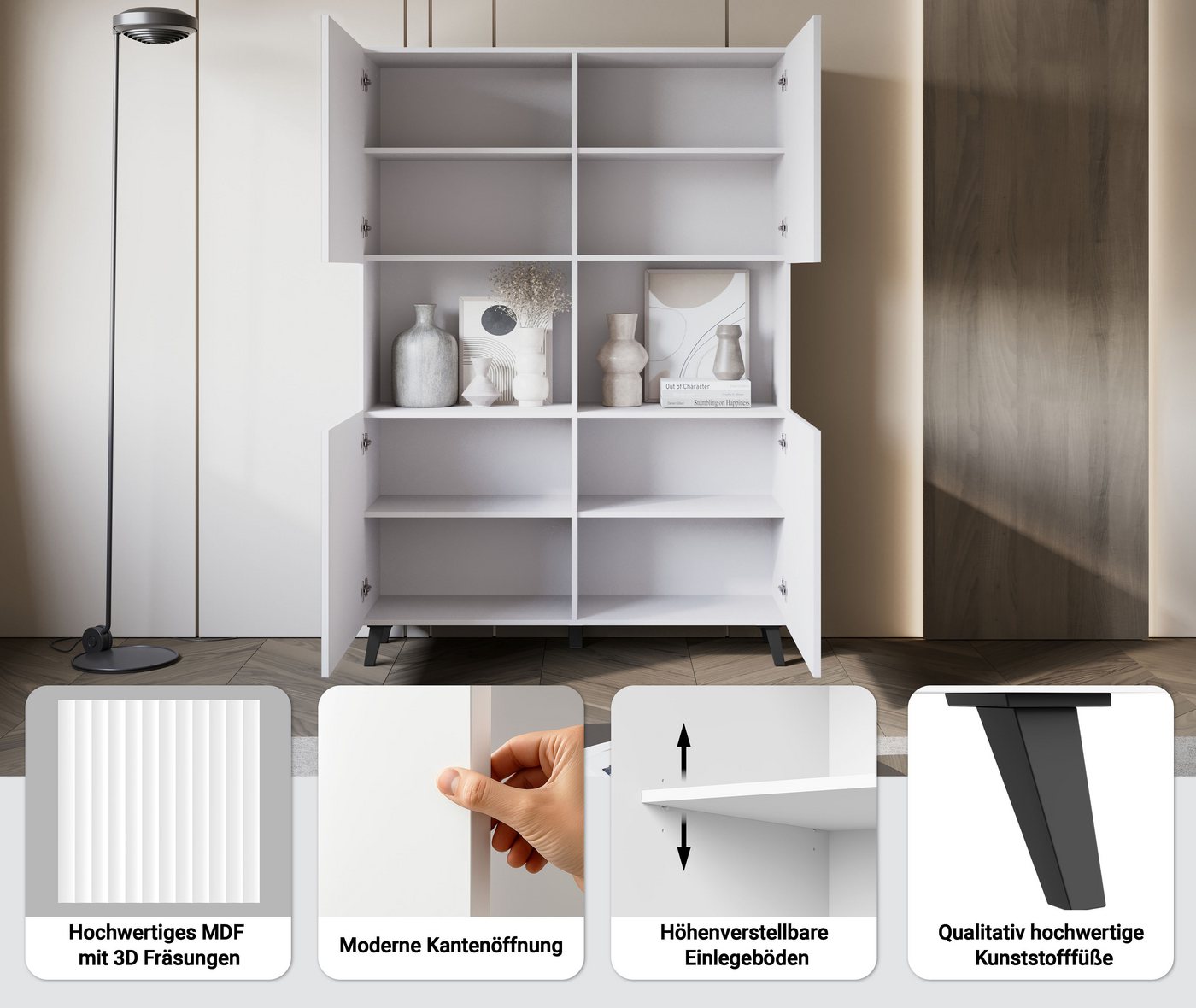 Home affaire Highboard Phuket, Front MDF, Moderne Hochkommode ohne Griffe mit 10 Fächern, Breite 120 cm – Bild 3 von 5