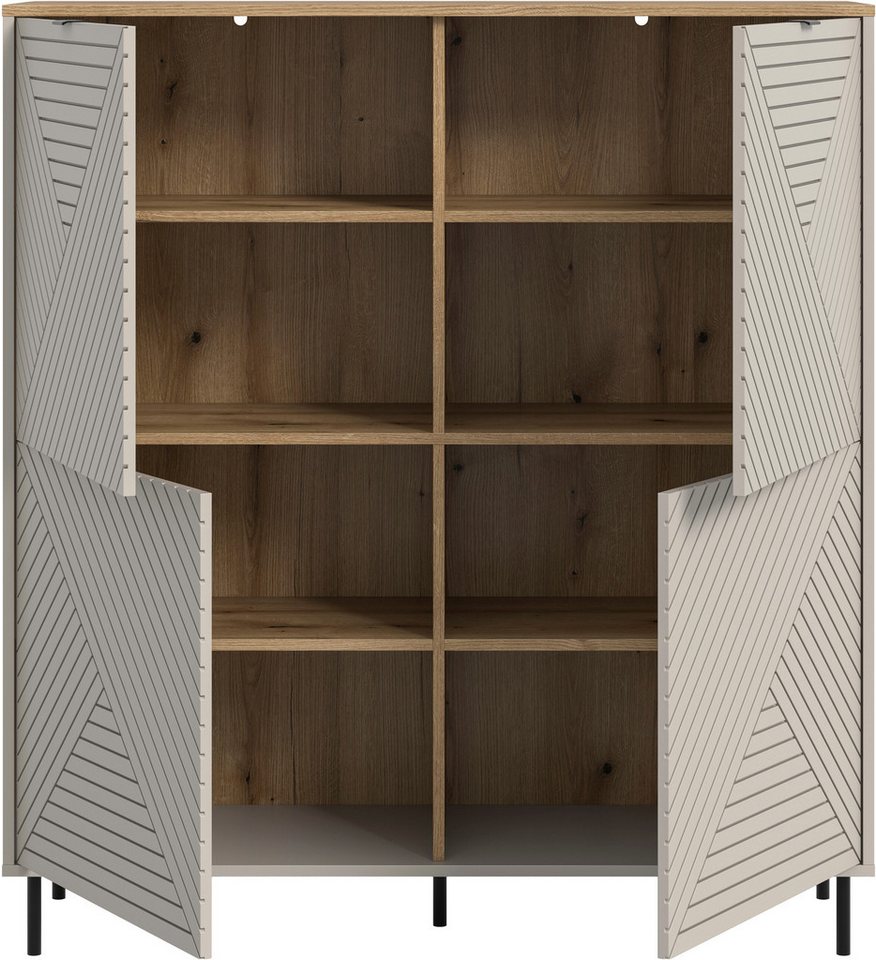 Home affaire Highboard RAITA, Höhe 135 cm, Front mit Desgin-Fräsung, 4 Türen, viel Stauraum (moderne Farbkombi, individuell einsetzbar, Griffe & Füße aus Metall – Bild 4 von 5