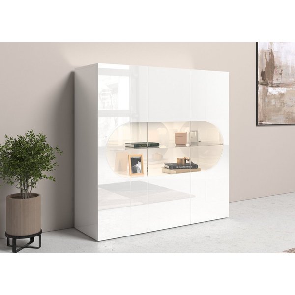 Home affaire Highboard Real,Highboard,Kommode,Schrank mit 3 Türen,komplett hochglanz lackiert, mit 3 Türen, davon 2 aus Glas, mit einer großen Glasablage, Höhe 