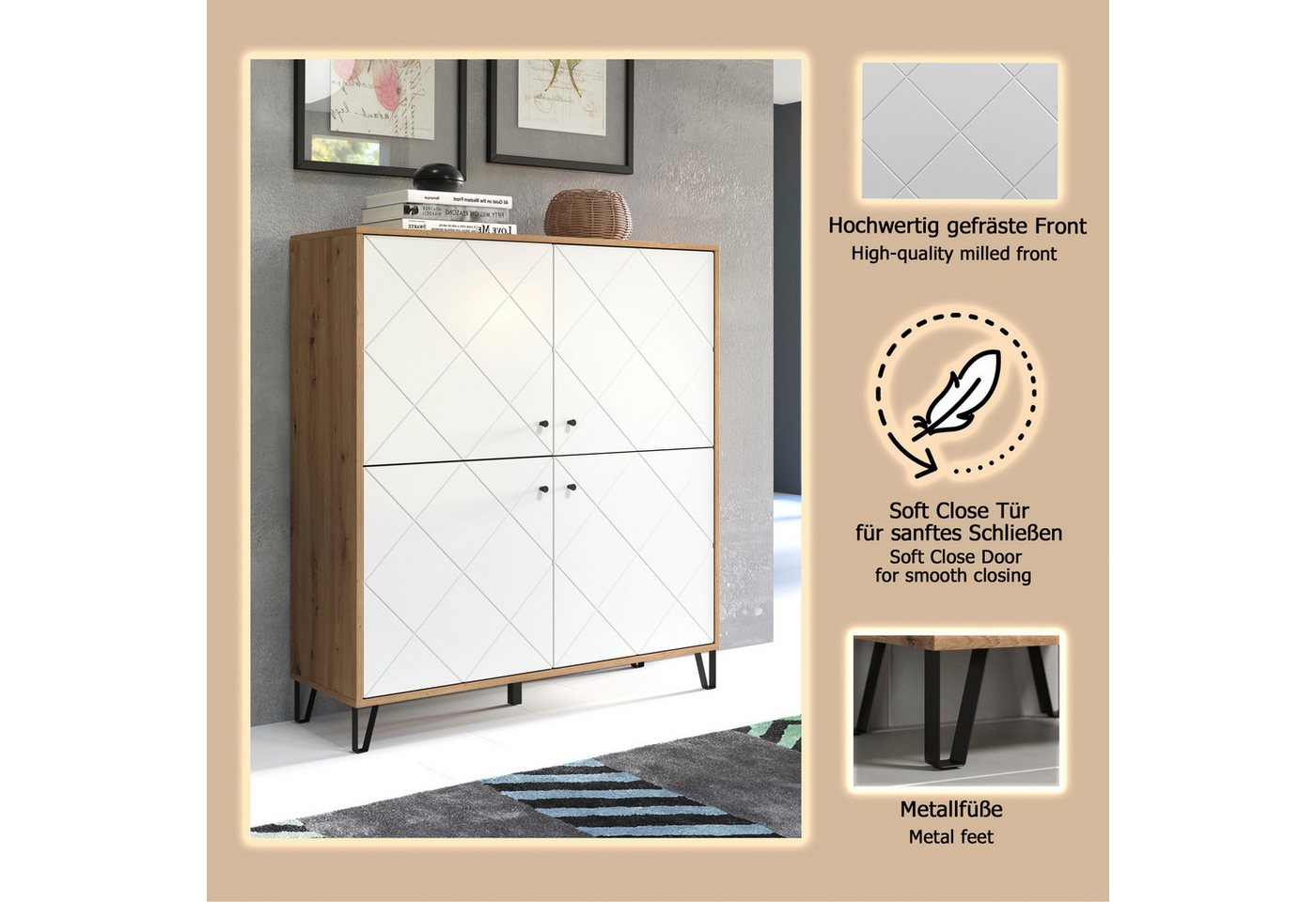 Home affaire Highboard Tarragona, Highboard mit 4 Türen & Soft-Close - (B/T/H) 123/40/136 cm – Bild 3 von 5