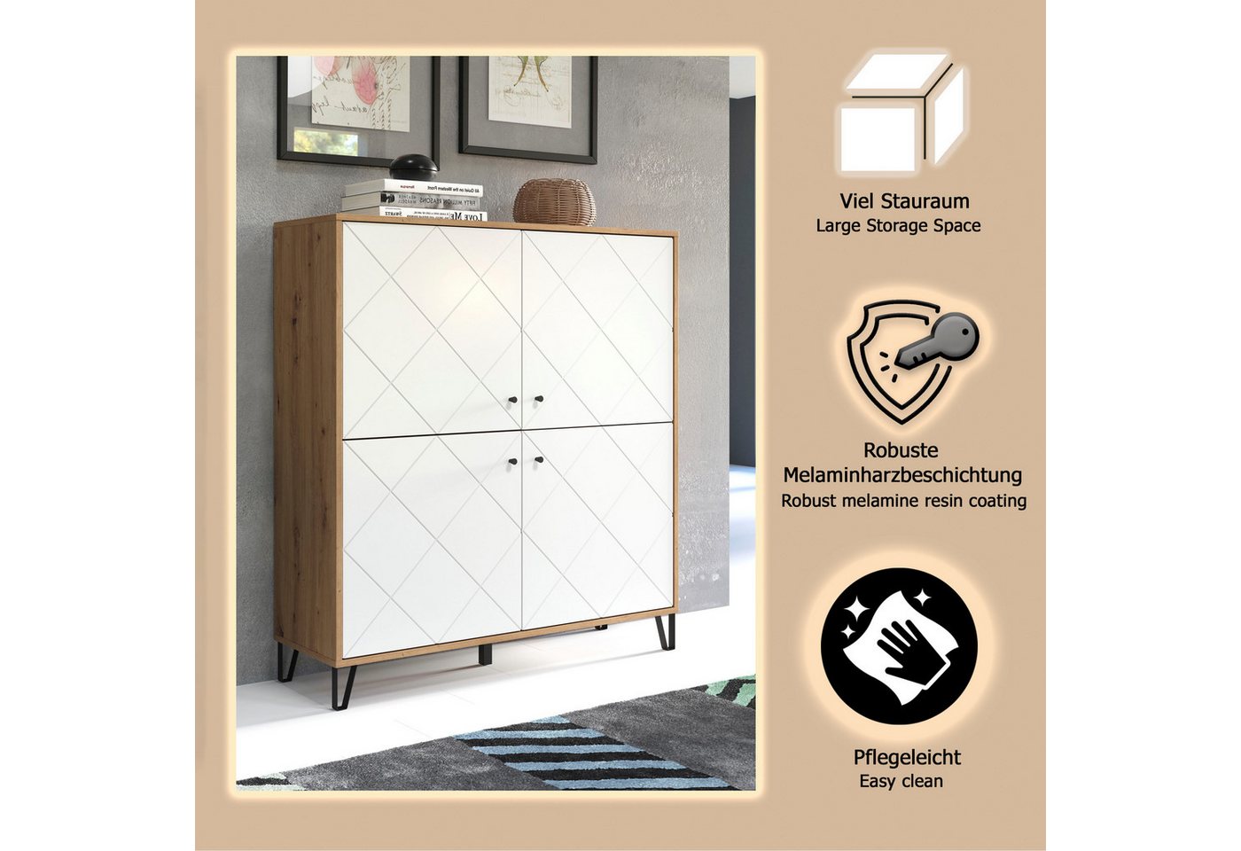 Home affaire Highboard Tarragona, Highboard mit 4 Türen & Soft-Close - (B/T/H) 123/40/136 cm – Bild 4 von 5
