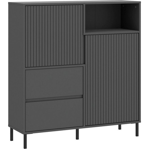 Home affaire Highboard viel Stauraum, Soft Close, 2 Türen und 2 Schubkasten, mit Metallfüßen, Höhe 105 cm, grifflos, Fronten geriffelt