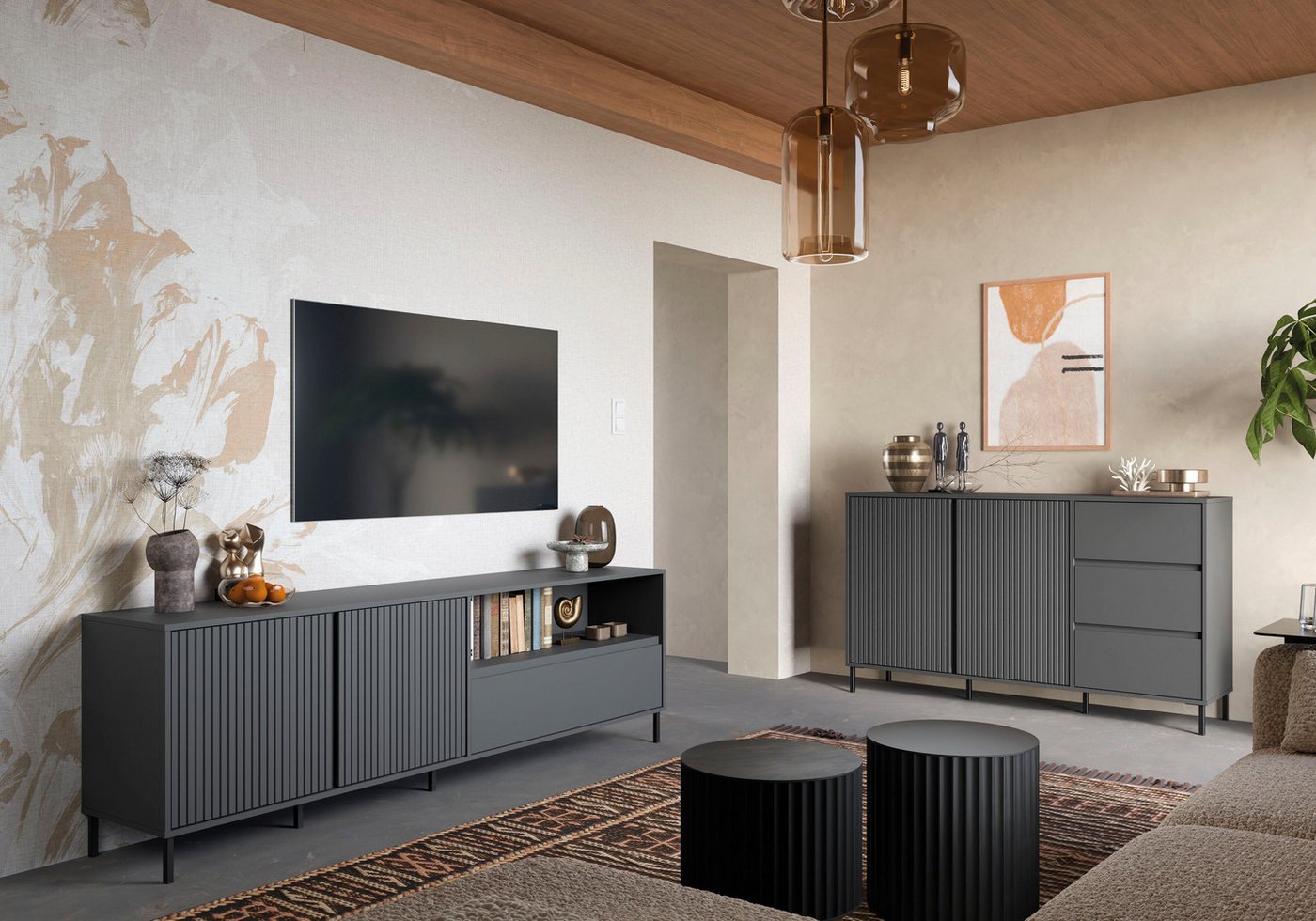 Home affaire Highboard viel Stauraum, Soft Close, 2 Türen und 2 Schubkasten, mit Metallfüßen, Höhe 105 cm, grifflos, Fronten geriffelt – Bild 2 von 5