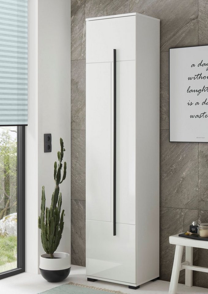 Home affaire Hochschrank Cantara, Badschrank in Hochglanz Weiß, Hochschrank im modernen Design mit schwarzen Griffen, ausreichend Stauraum – Bild 4 von 5