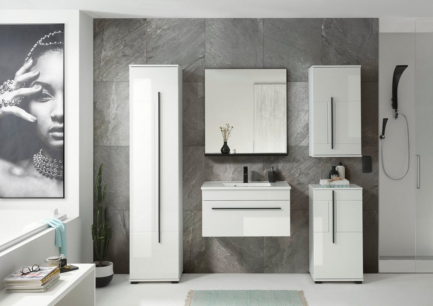 Home affaire Hochschrank Cantara, Badschrank in Hochglanz Weiß, Hochschrank im modernen Design mit schwarzen Griffen, ausreichend Stauraum – Bild 5 von 5