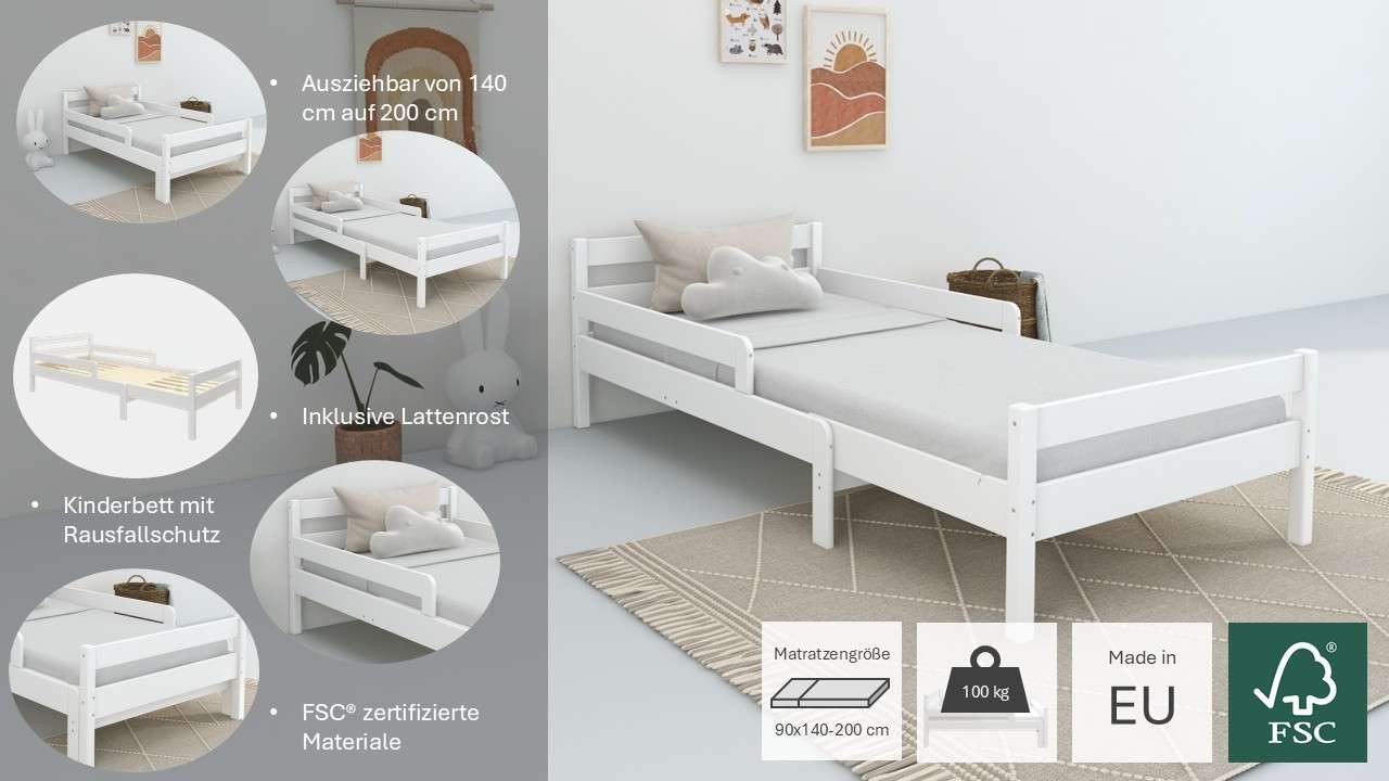Home affaire Kinderbett Wenke, ausziehbar von 140 bis 200 cm, FSC® (90cm Breite, 140-200cm Liegefläche), massive Kiefer, mit Lattenrost, zeitlose Optik, Rausfal – Bild 4 von 5