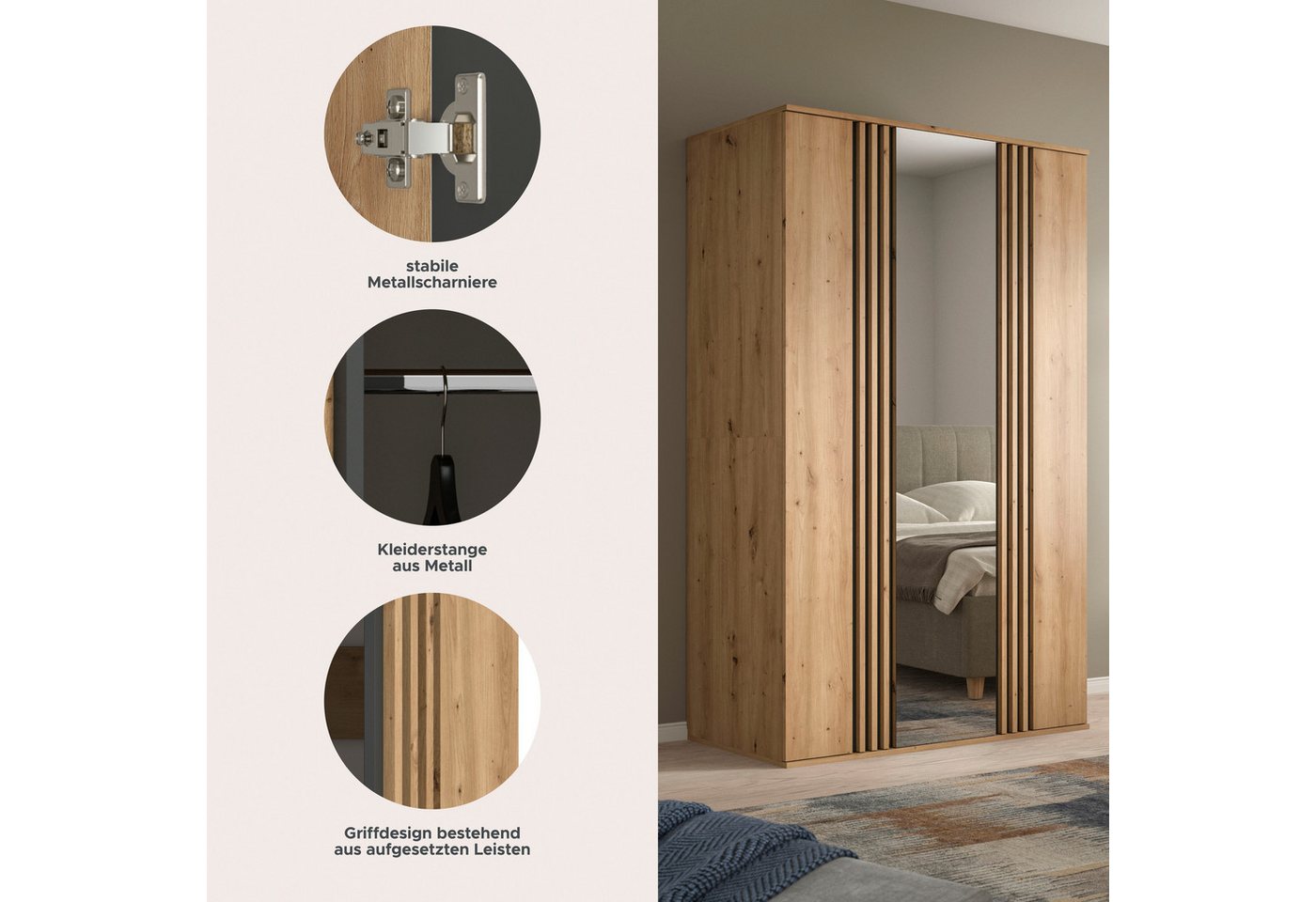 Home affaire Kleiderschrank ALVA, Breite 120 cm, mit griffloser Front in Paneeloptik, Schrank (Schlafzimmerschrank in weiteren Ausführungen erhältlich) 3 Türen, – Bild 3 von 5