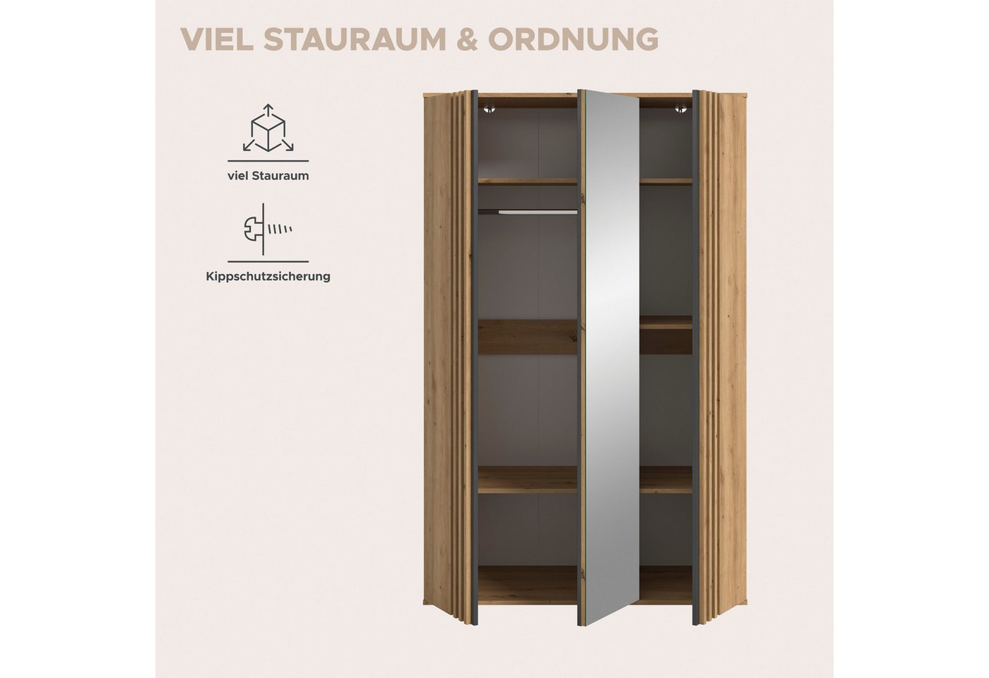 Home affaire Kleiderschrank ALVA, Breite 120 cm, mit griffloser Front in Paneeloptik, Schrank (Schlafzimmerschrank in weiteren Ausführungen erhältlich) 3 Türen, – Bild 4 von 5