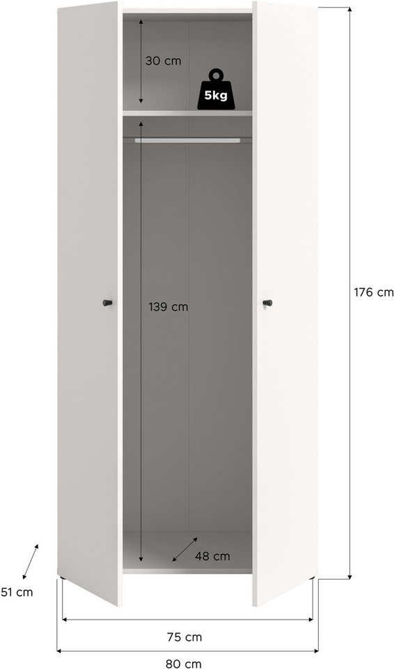 Home affaire Kleiderschrank BILLINGS, Schlafzimmerschrank, Schrank, Garderobenschrank (OTTO BESTSELLER, Garderobe & Schlafzimmer) Breite 80cm, weiß, 2-türig, in – Bild 5 von 5