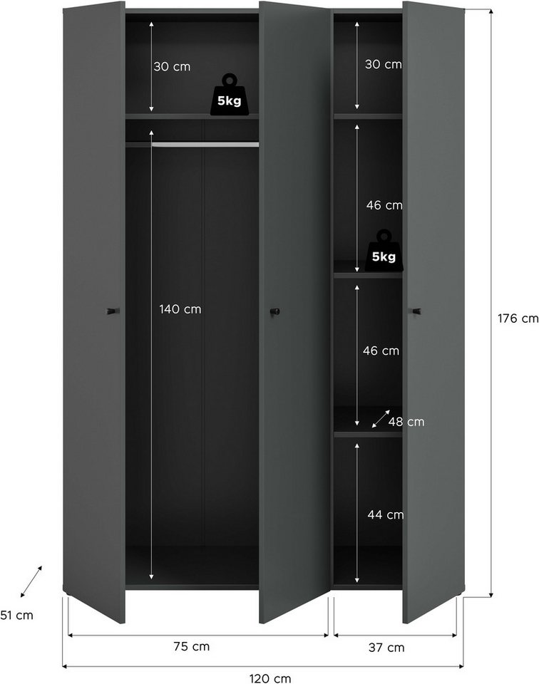 Home affaire Kleiderschrank BILLINGS, Schlafzimmerschrank, Schrank, Garderobenschrank (OTTO BESTSELLER, Garderobe & Schlafzimmer) Breite 130cm, grau, 3-türig, i – Bild 5 von 5