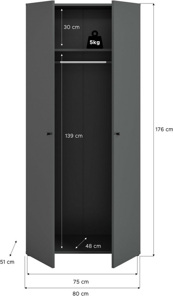 Home affaire Kleiderschrank BILLINGS, Schlafzimmerschrank, Schrank, Garderobenschrank (OTTO BESTSELLER, Garderobe & Schlafzimmer) Breite 80cm, grau, 2-türig, in – Bild 5 von 5