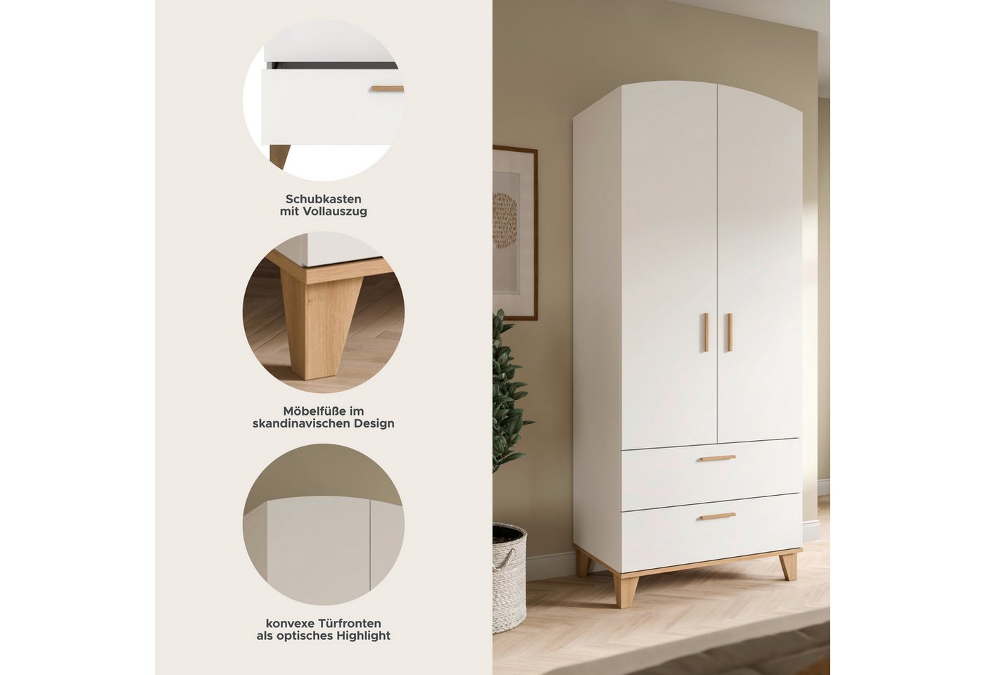 Home affaire Kleiderschrank LASSE, Schlafzimmerschrank, Garderobe, Schrank (1-St., in verschiedenen Breiten erhältich, im Scandi-Look) 2 Türen, 2 Schubkästen, 1 – Bild 3 von 5