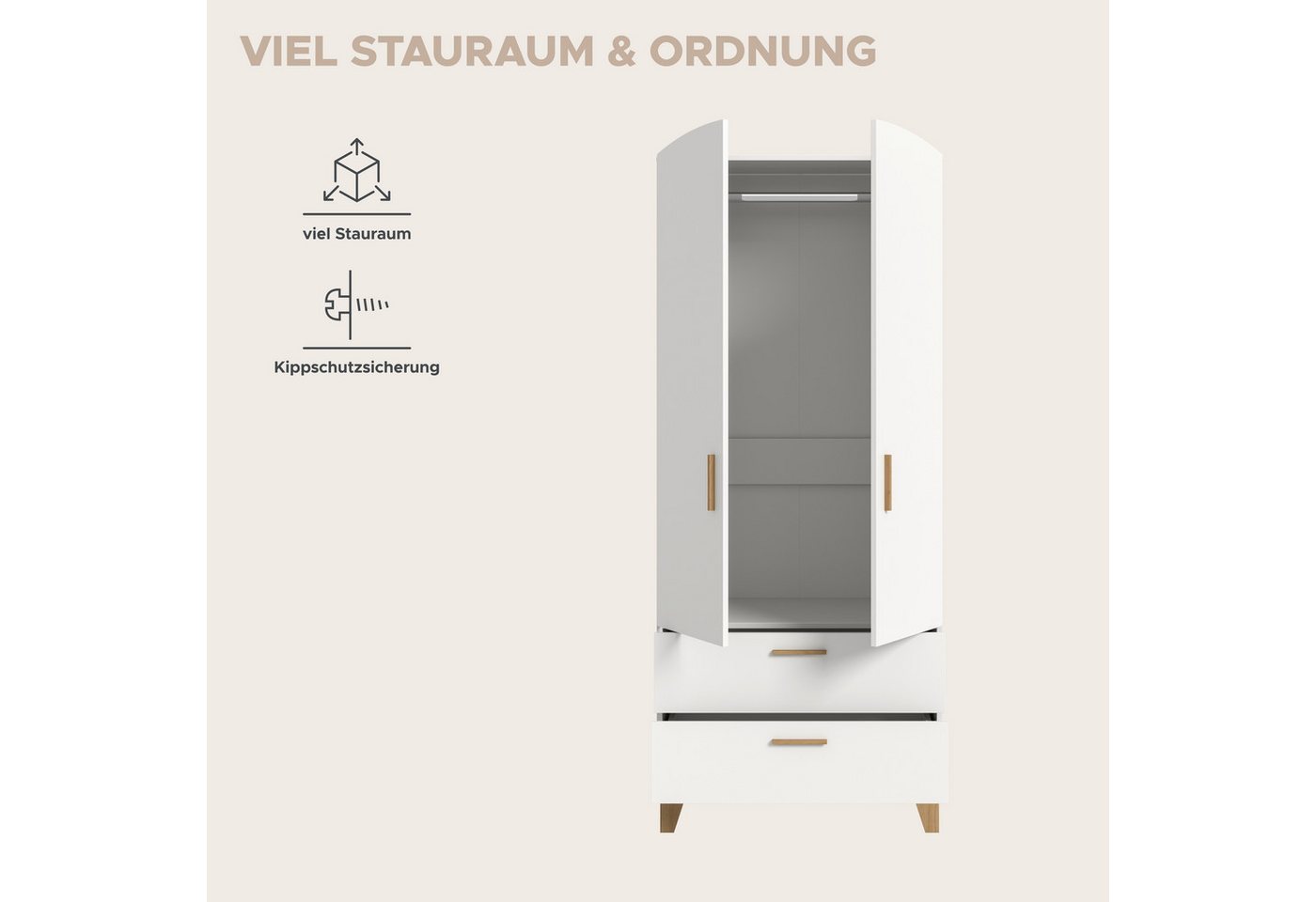 Home affaire Kleiderschrank LASSE, Schlafzimmerschrank, Garderobe, Schrank (1-St., in verschiedenen Breiten erhältich, im Scandi-Look) 2 Türen, 2 Schubkästen, 1 – Bild 4 von 5