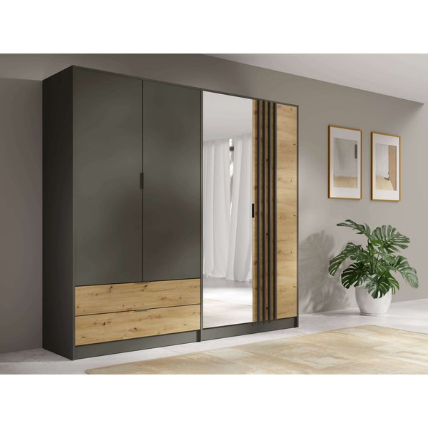Home affaire Kleiderschrank Kleiderschrank Loreto mit Schubkästen und Spiegel, B/T/H 220/54/202 cm Schrank mit Drehtüren und Schubladen, Spiegel und MDF-Lamelle