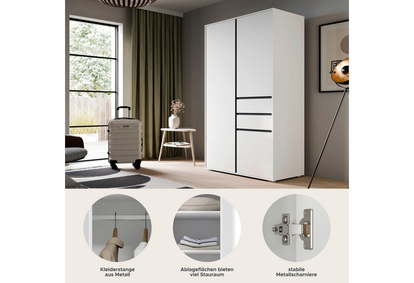 Home affaire Kleiderschrank NULA, Schlafzimmerschrank, Garderobe, Schrank (1-St., in verschiedenen Ausführungen und Farben erhältlich) 3 Türen, 2 Schubkästen, 1 – Bild 3 von 5