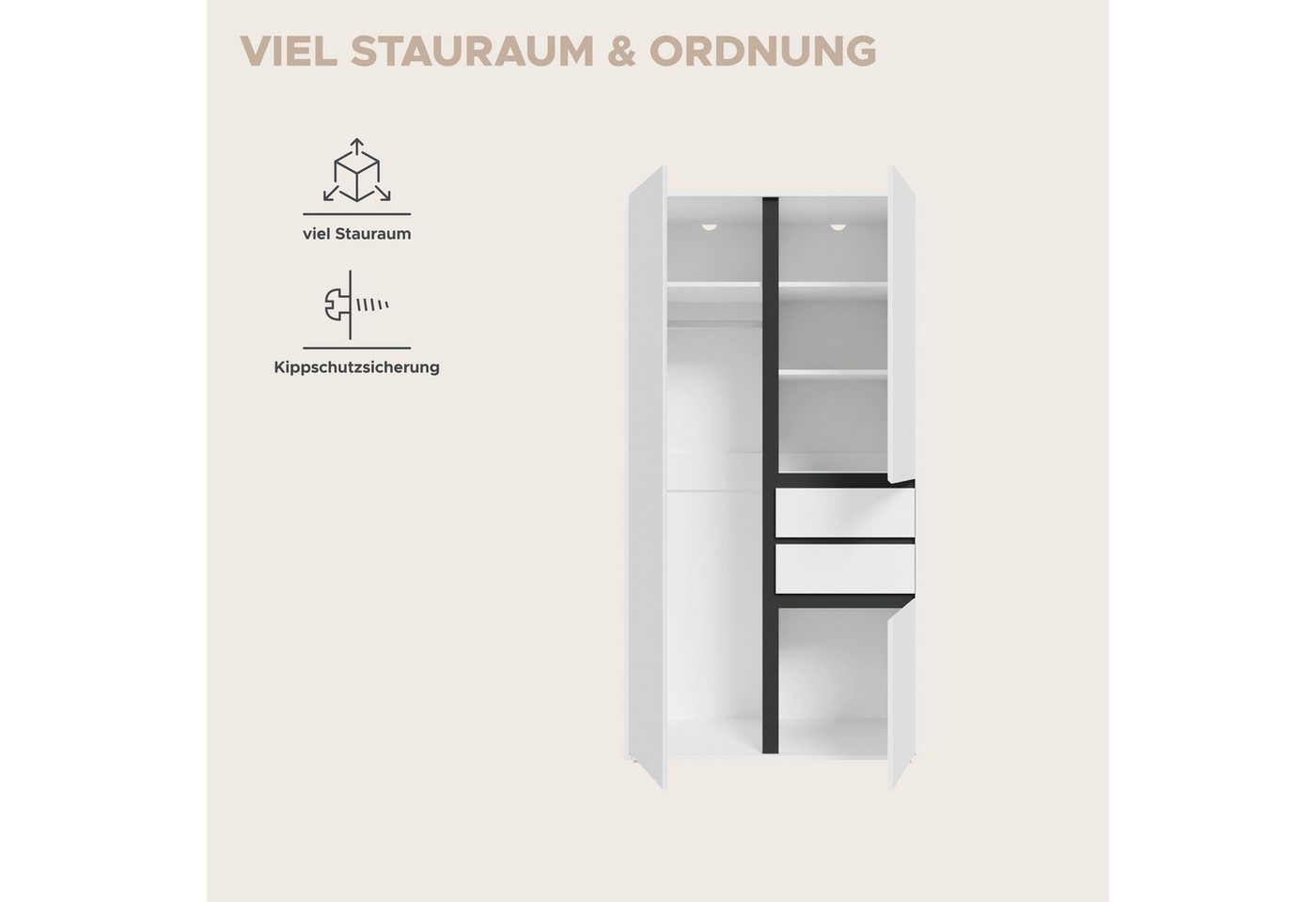 Home affaire Kleiderschrank NULA, Schlafzimmerschrank, Garderobe, Schrank (1-St., in verschiedenen Ausführungen und Farben erhältlich) 3 Türen, 2 Schubkästen, 1 – Bild 5 von 5