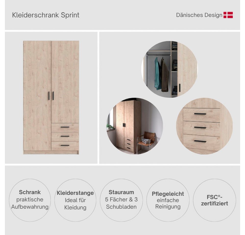 Home affaire Kleiderschrank Sprint, viel Stauraum, robuste Qualität, 3 Breiten 98, 147, 195 cm Breite 98,5/147 oder 195,5 cm, je mit Einlegeböden und Kleidersta – Bild 5 von 5