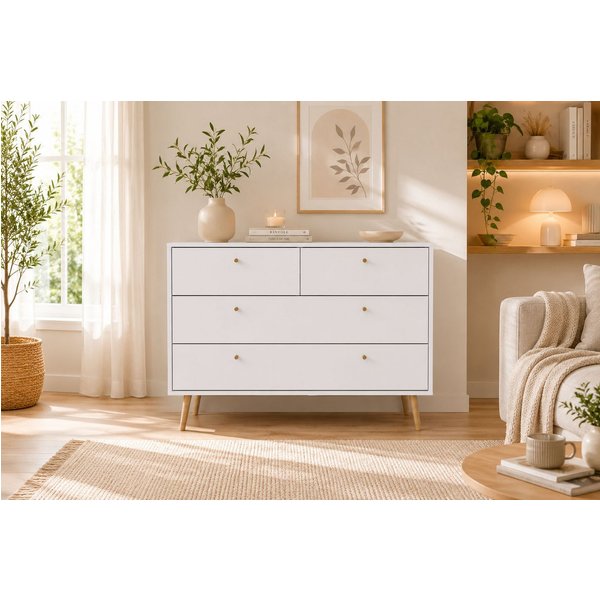 Home affaire Kommode Bodo, Aufbewahrung, Schubladenschrank, Stauraum, modern, Breite 99 cm, 4 Schubladen, Weiß oder Schwarz, Beine und Griffe aus Echtholz
