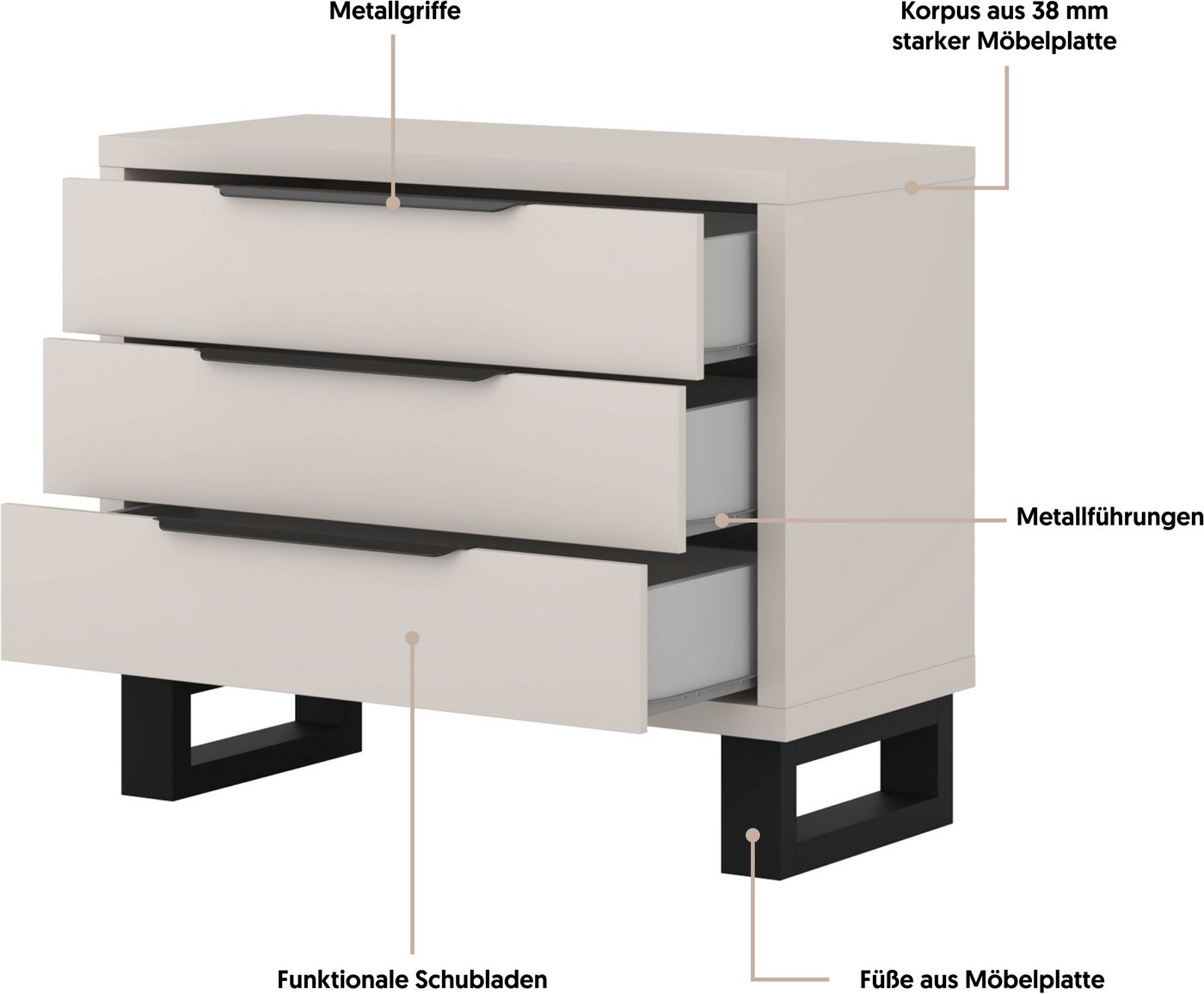 Home affaire Kommode Bronne,Breite 99,5 cm Schubladenkommode, Sideboard, Sideboard mit viel Stauraum, Schlafzimmerkommode Kufen in Metalloptik – Bild 3 von 5