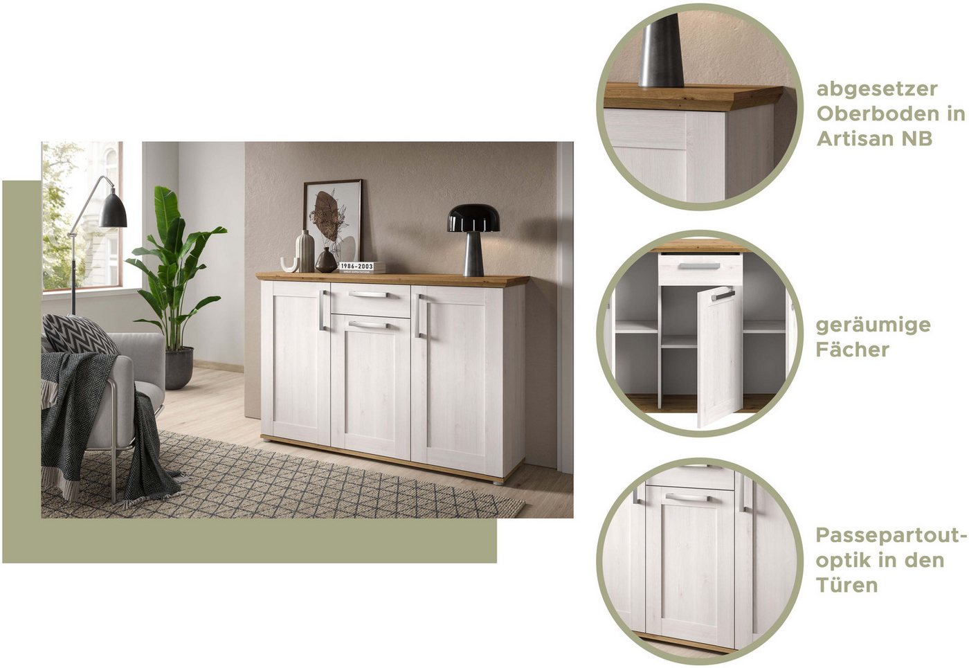 Home affaire Kommode COSENZA, Breite 137 cm, 3 Türen, 1 Schubkasten, in Landhausoptik, Anrichte, Schrank, Sideboard – Bild 5 von 5