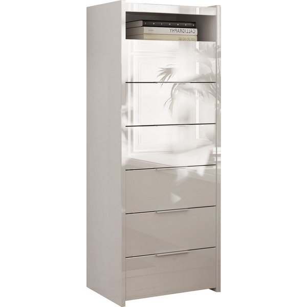 Home affaire Kommode Malmo, Schubkastenkommode B/T/H 52/40/135 cm, mit 6 Schubkästen, offene Ablage, Top 22 mm stark, Metallgriff, Weiss Hochglanz Lack