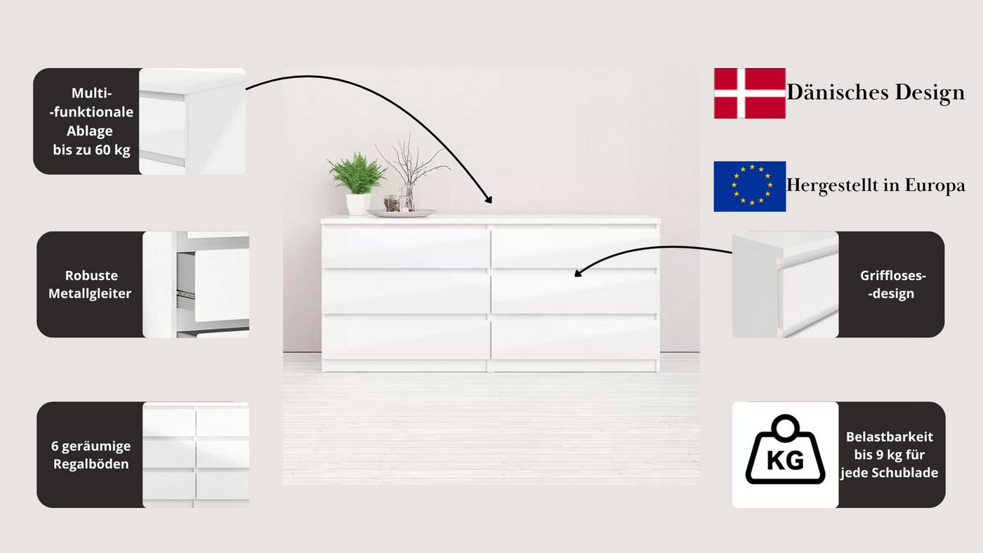 Home affaire Kommode Naia, 6 Schubladen im skandinavischen Design, Breite 158 cm, Viel Stauraum mit griffloser Front, in mehreren Farben – Bild 3 von 5