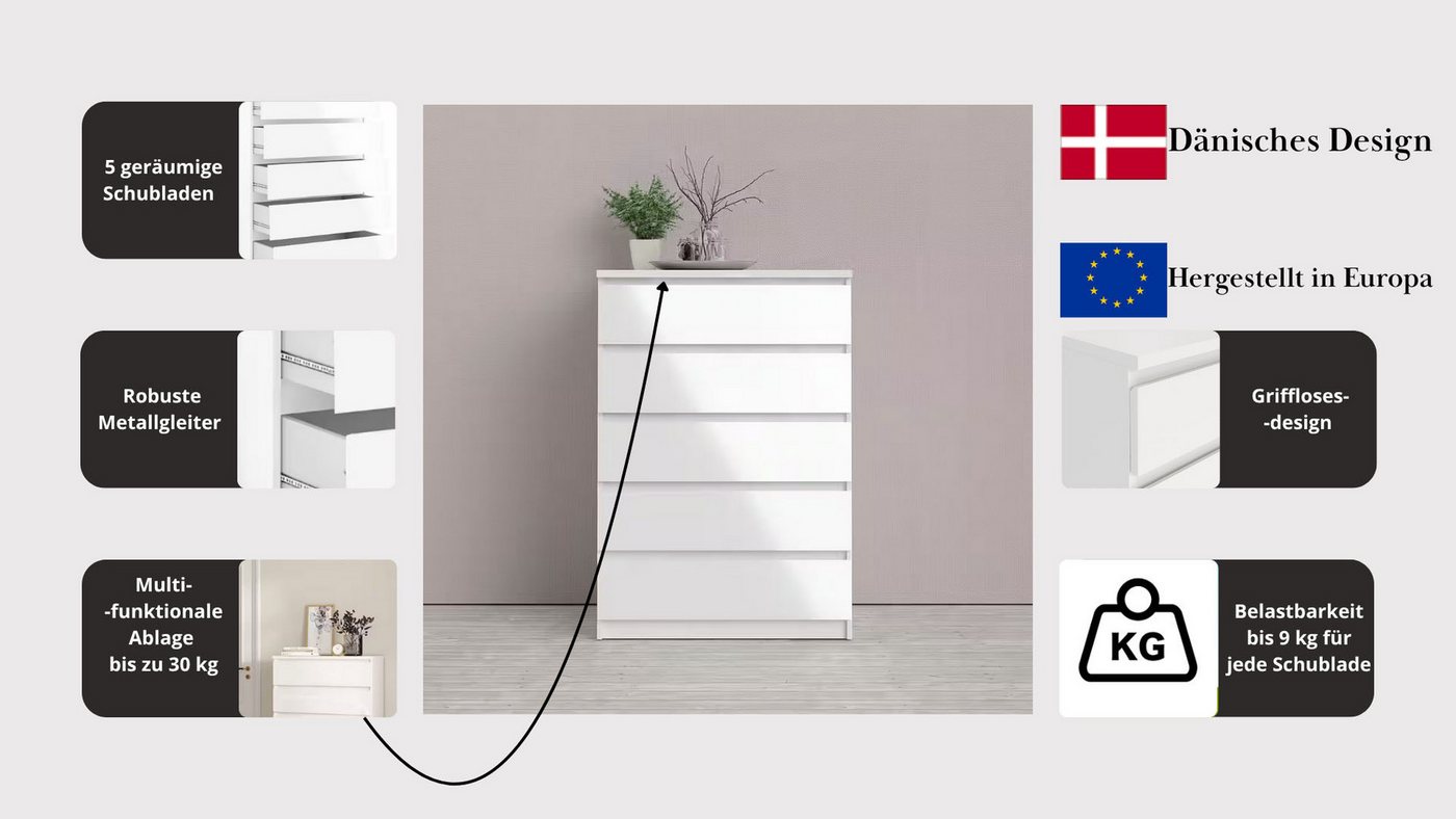 Home affaire Kommode Naia, Aufbewahrung, 5 Schubladen, Matt-Optik, grifflose Front, abgerundete Schubladenkanten auf Metallgleiter, Breite 77 cm – Bild 3 von 5