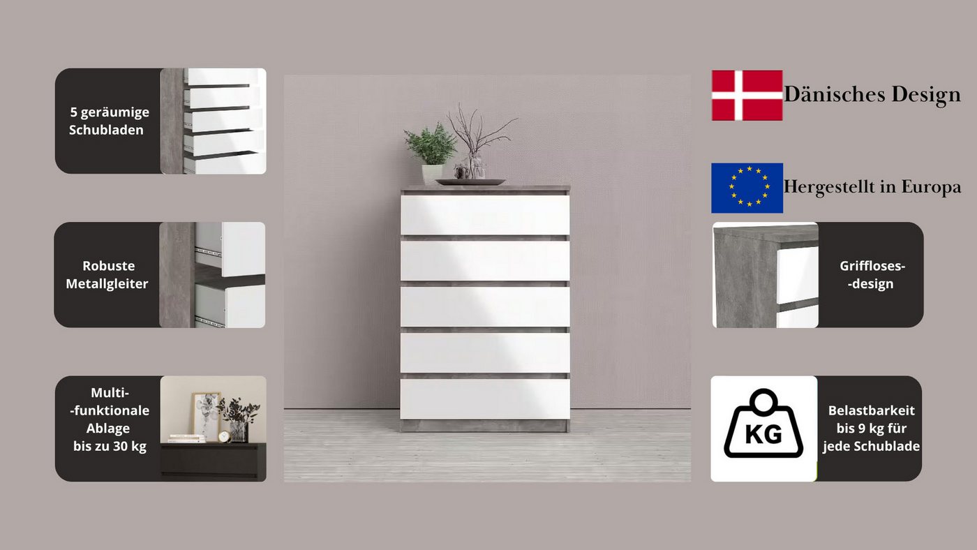 Home affaire Kommode Naia, Aufbewahrung, 5 Schubladen, Matt-Optik, grifflose Front, Modern, skandinavisches Design, in mehrere Farben, Hoch – Bild 3 von 5
