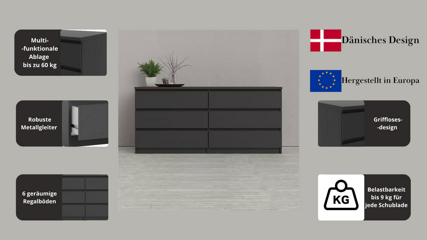 Home affaire Kommode Naia, 6 Schubladen im skandinavischen Design, Breite 158 cm, Viel Stauraum mit griffloser Front, in mehreren Farben – Bild 3 von 5
