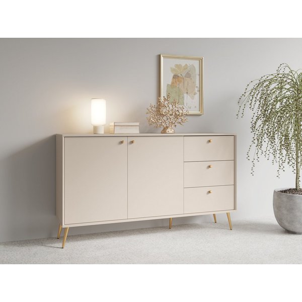 Home affaire Kommode ROMELIS Sideboard mit 3 Schubladen und 2 Türen, B/T/H: 156/40,5/89 cm, Beige Kommode mit goldenen Griffen auf goldenen Füßen, viel Stauraum